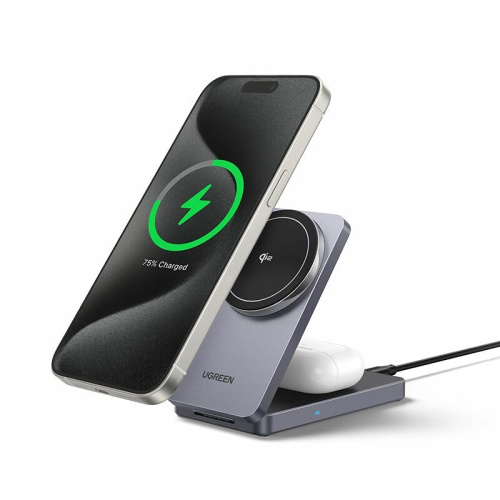 Беспроводное ЗУ UGREEN W706 (45023) 2-in-1 Wireless Charger Qi2 for Iphone 15W &AirPods Gray