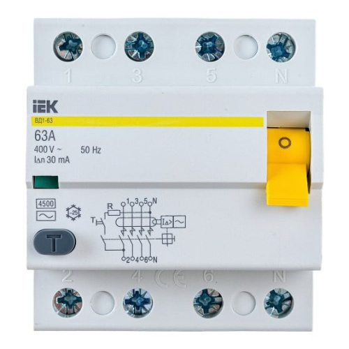 Выключатель дифференциального тока IEK ВД1-63 ИЭК MDV10-4-063-030 4п 63A 30mA тип AC