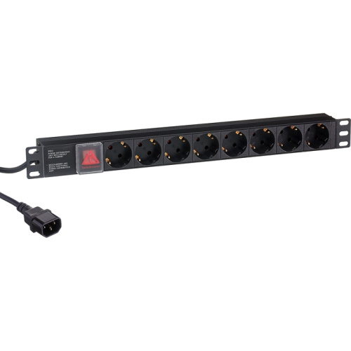 Блок розеток ExeGate ServerPro PDU-19H806 Al-8S-C14-3CU-SW (EX280845RUS) 19", 1U, Алюминий, 8 Schuko, кабель с вилкой C14 VDE-250V-10A-3*1.0mm2