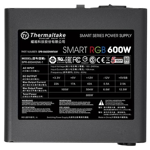 Блок питания Thermaltake PS-SPR-0600NHSAWE-1 ATX 600W Smart RGB 600 80+ (24+4+4pin) APFC 120mm fan color LED 5xSata RTL