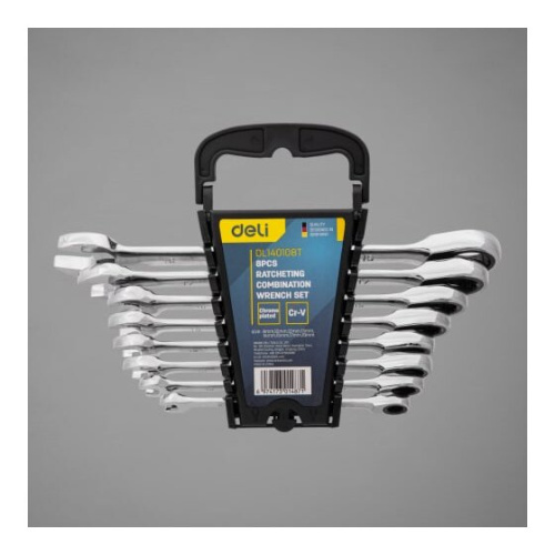 Набор ключей комбинированных Deli DL140108T с трещоткой 8 шт 8,10,12,13,14,15,17,19мм, сталь 40Cr, трещотка 50BV30 72 зуба