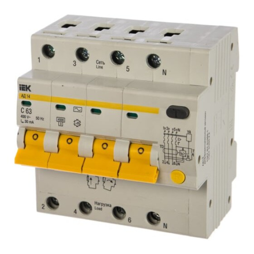 Выключатель автоматический дифференциального тока IEK АД-14 ИЭК MAD10-4-063-C-030 4п 7.5модуль C 63A 30mA тип AC 4.5kA