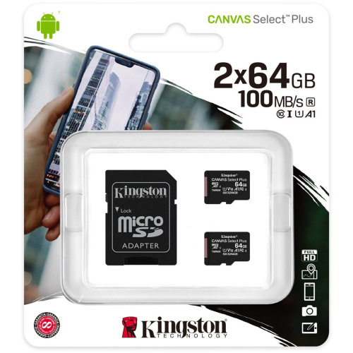 Комплект карт памяти Kingston SDCS2/64GB-2P1A microSDHC Canvas Select Plus, 2x64GB, UHS-I Class 10 U1 A1 с адаптером