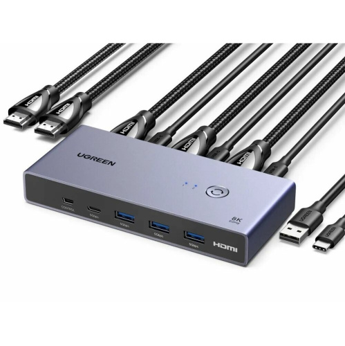 Переключатель UGREEN CM692 (25961) 8K@60Hz HDMI 2.1 KVM Switch 2-in-1 Out With Desktop Controller Gray