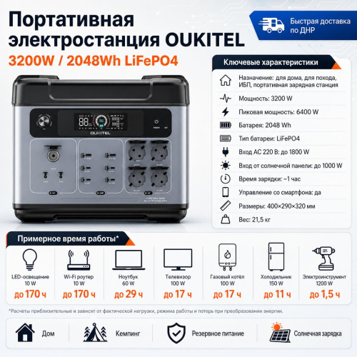 Портативная электростанция OUKITEL P2001E PRO 3200W / 2048Wh LiFePO4