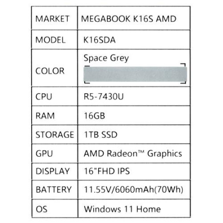 16" Ноутбук Tecno Megabook K16S серый