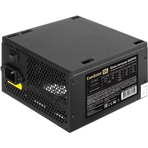 Блок питания ExeGate 850PPE EX292162RUS-PC 850W (ATX, APFC, PC, КПД 80 (80 Plus), 12cm fan, 24pin, 2x(4+4)pin, PCIe, 6xSATA, 3xIDE, black)