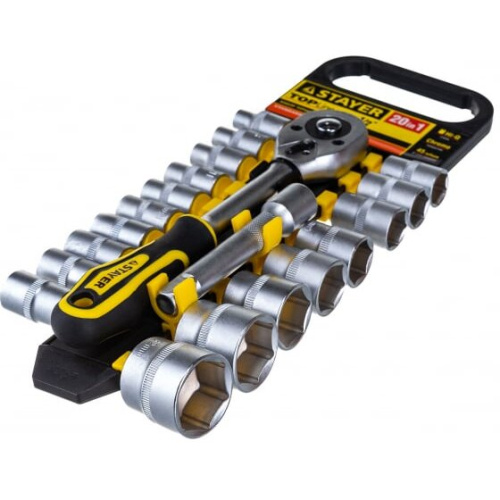 Набор торцовых головок Stayer Standard 27750-H20 1/2" на пластиковом рельсе/трещотка/удлинитель/8-32мм/20 предметов