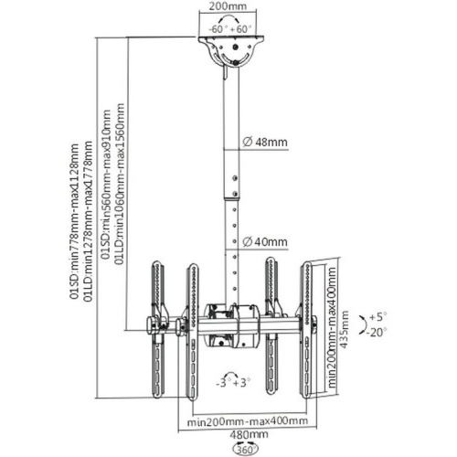 Кронштейн для телевизора Arm Media LCD-1850 черный 26"-65" до90кг потолочный поворот и наклон