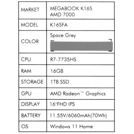 16" Ноутбук Tecno Megabook K16SFA серый